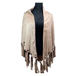 Tan Faux Suede Fringe Grommet Shawl Wrap Poncho Tan cowgirl layering western